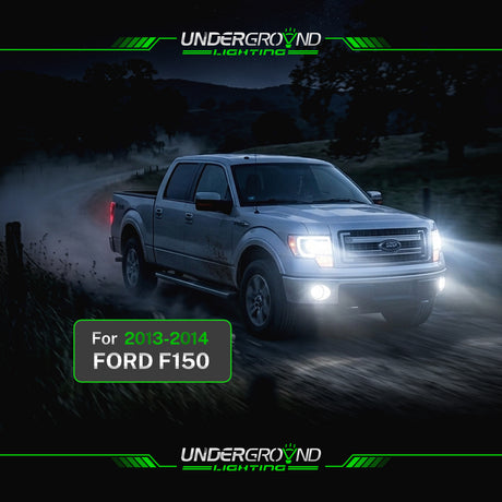 Ford F-150 truck with illuminated headlights on a dark road, featuring Underground Lighting branding.