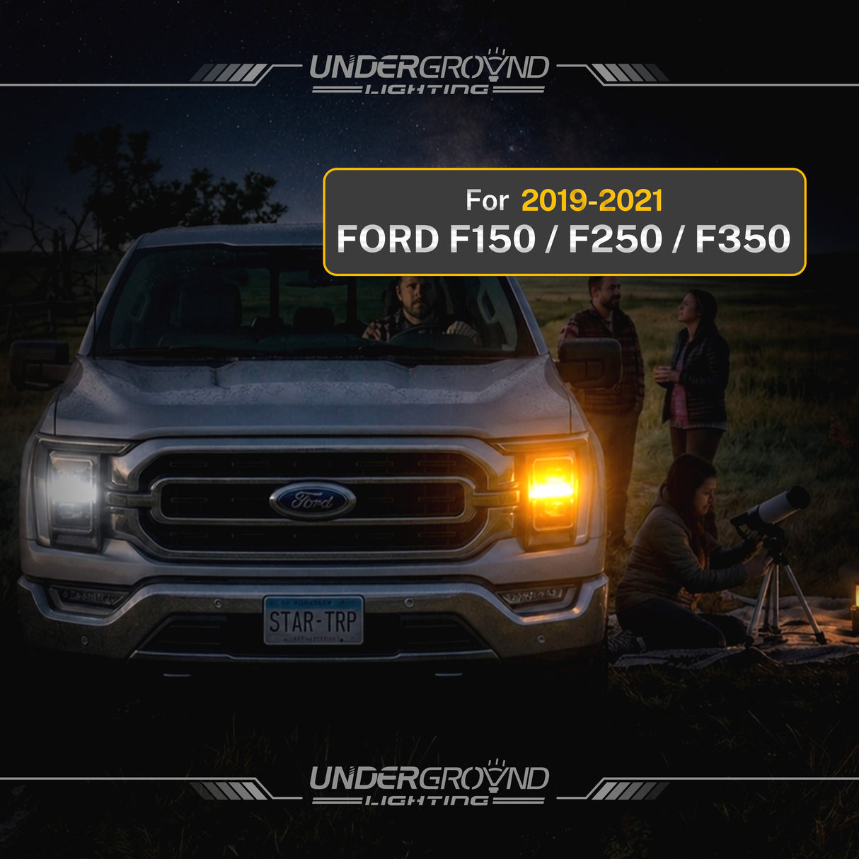 Ford truck with glowing headlights at night, featuring Underground Lighting for 2019-2021 Ford F150/F250/F350.
