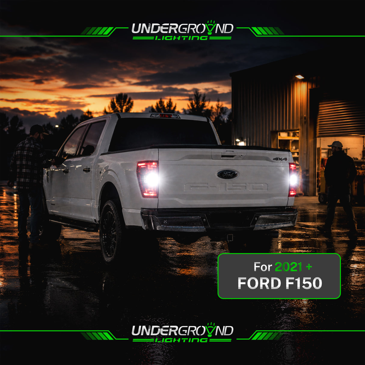 White Ford F150 truck with illuminated white rear lights at sunset, featuring Underground Lighting branding.